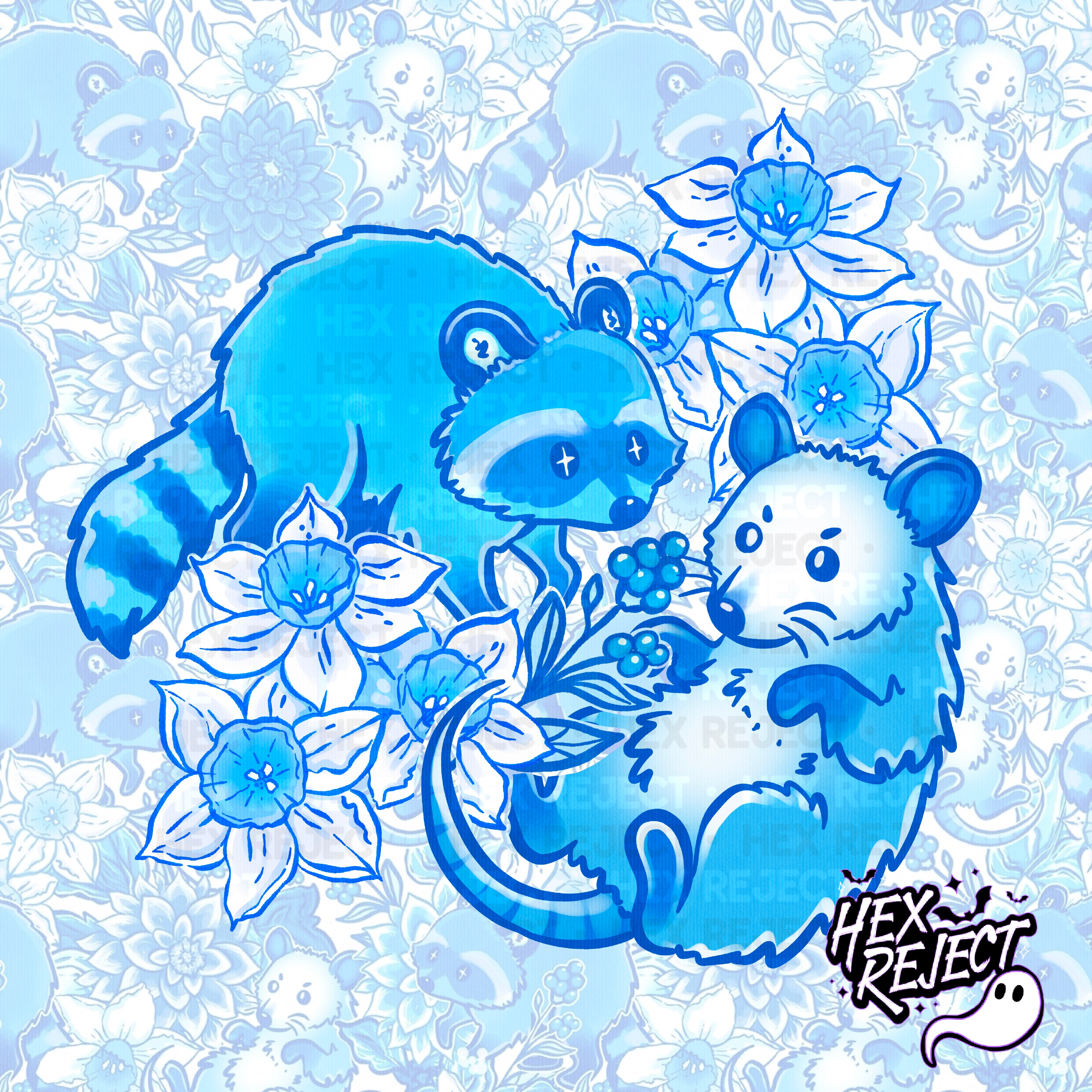 Feral - Blue Porcelain Raccoons and Opossums - Seamless & PNG files - Hextober 2025