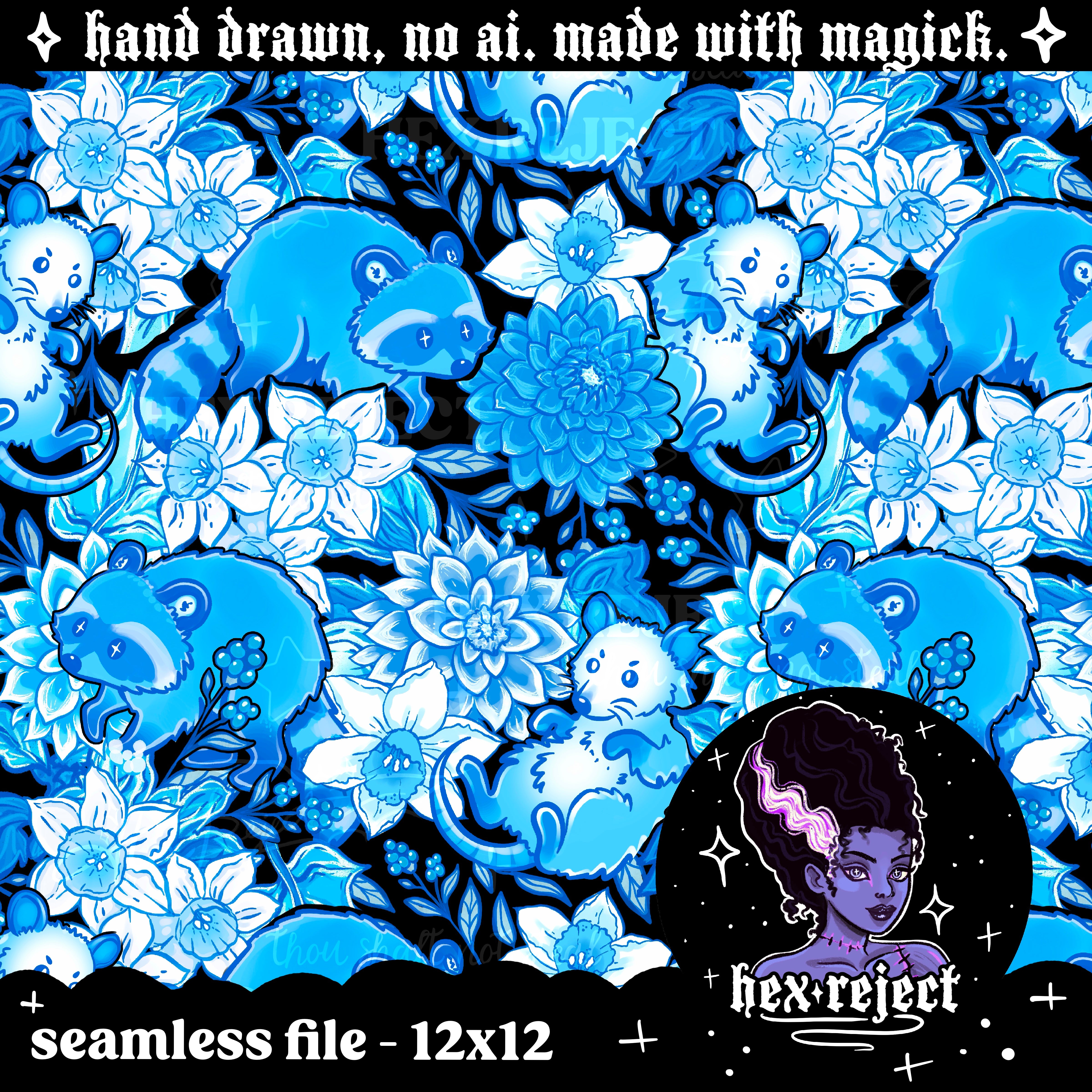 Feral - Blue Porcelain Raccoons and Opossums - Seamless & PNG files - Hextober 2025