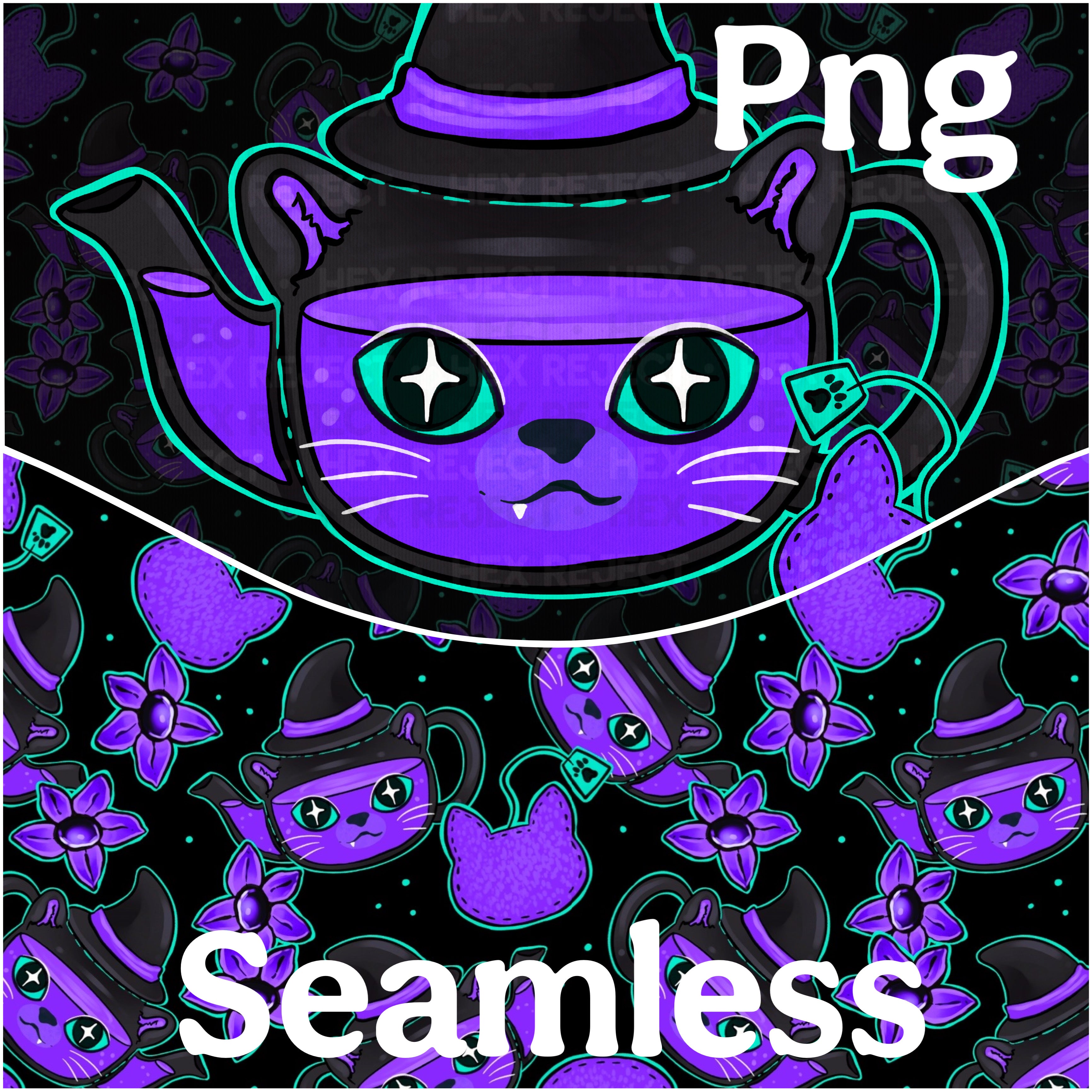 Kitteas - teapot - Seamless & PNG files - Hextober 2025
