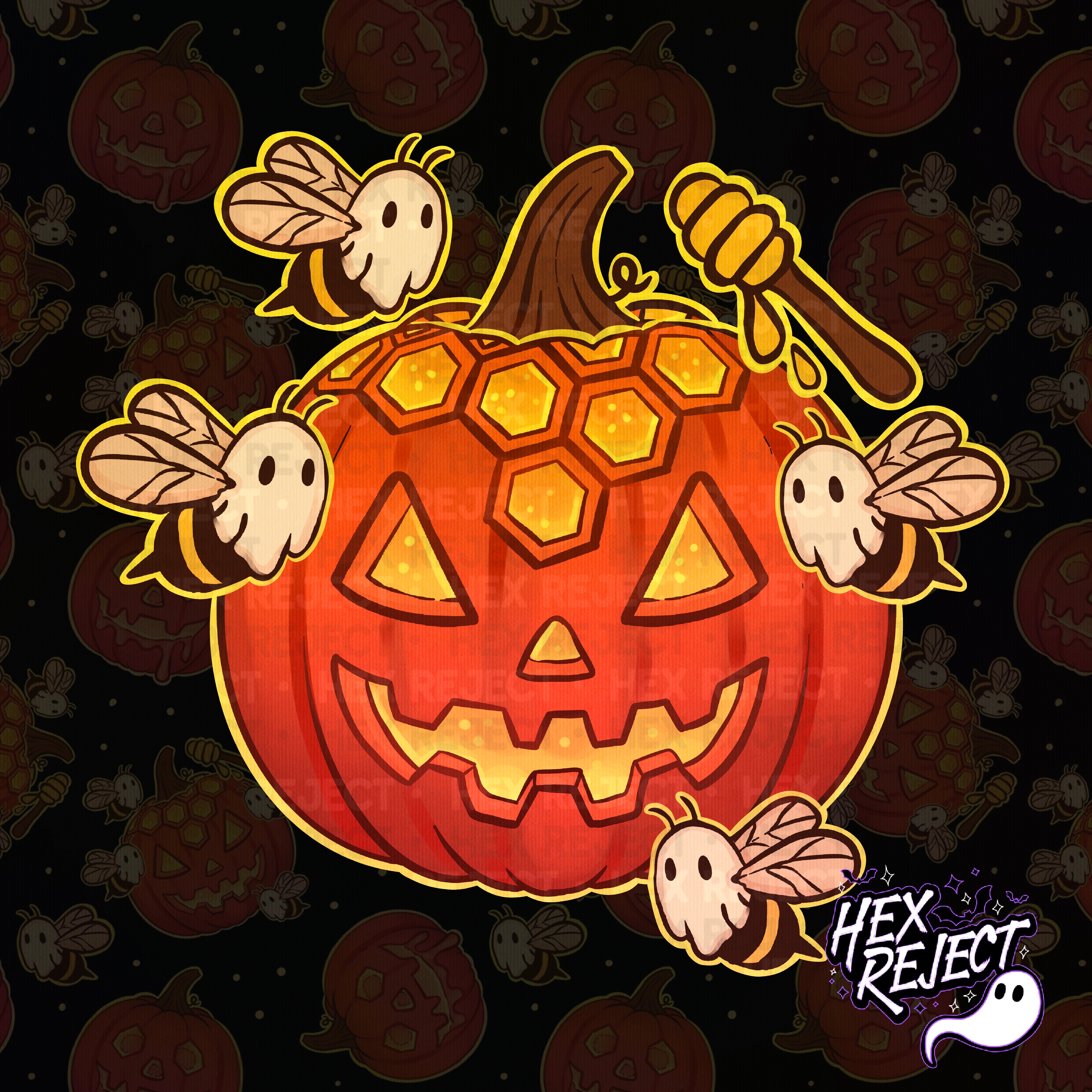 Honeycomb - Spooky Ghost Bees with Pumpkin - Seamless & PNG files - Hextober 2025