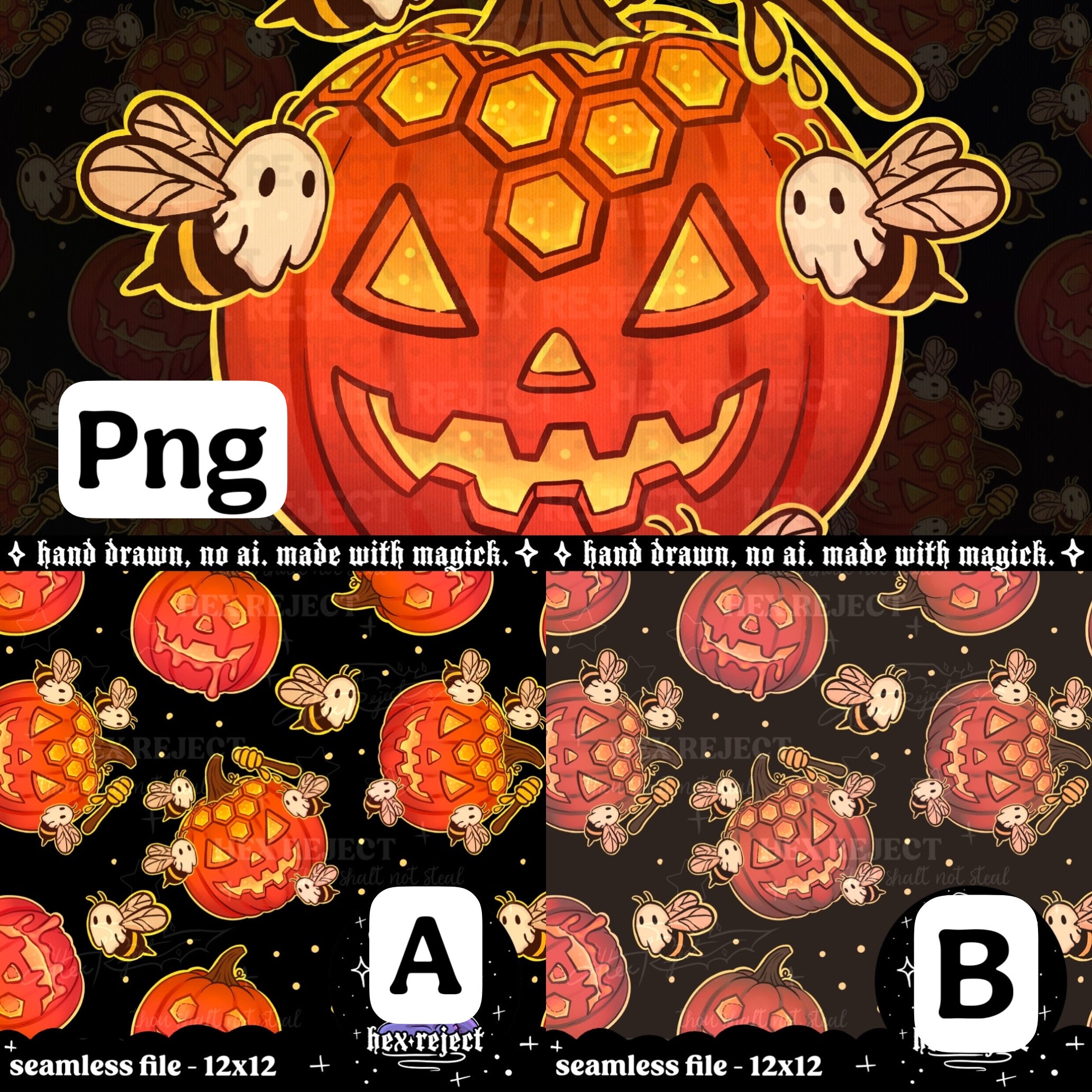 Honeycomb - Spooky Ghost Bees with Pumpkin - Seamless & PNG files - Hextober 2025
