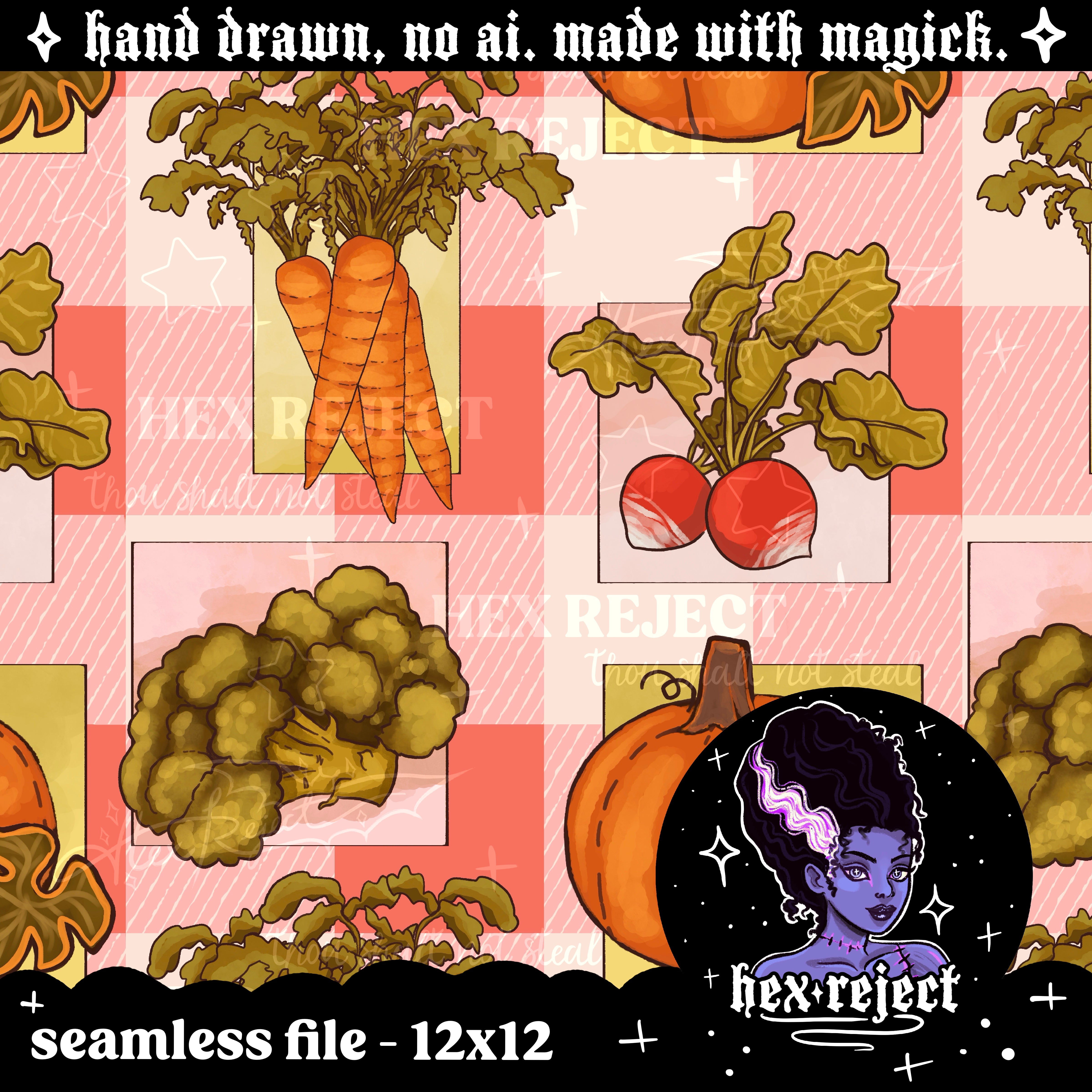 Farmhouse Veggies - vegetable harvest - Seamless & PNG files - Hextober 2025