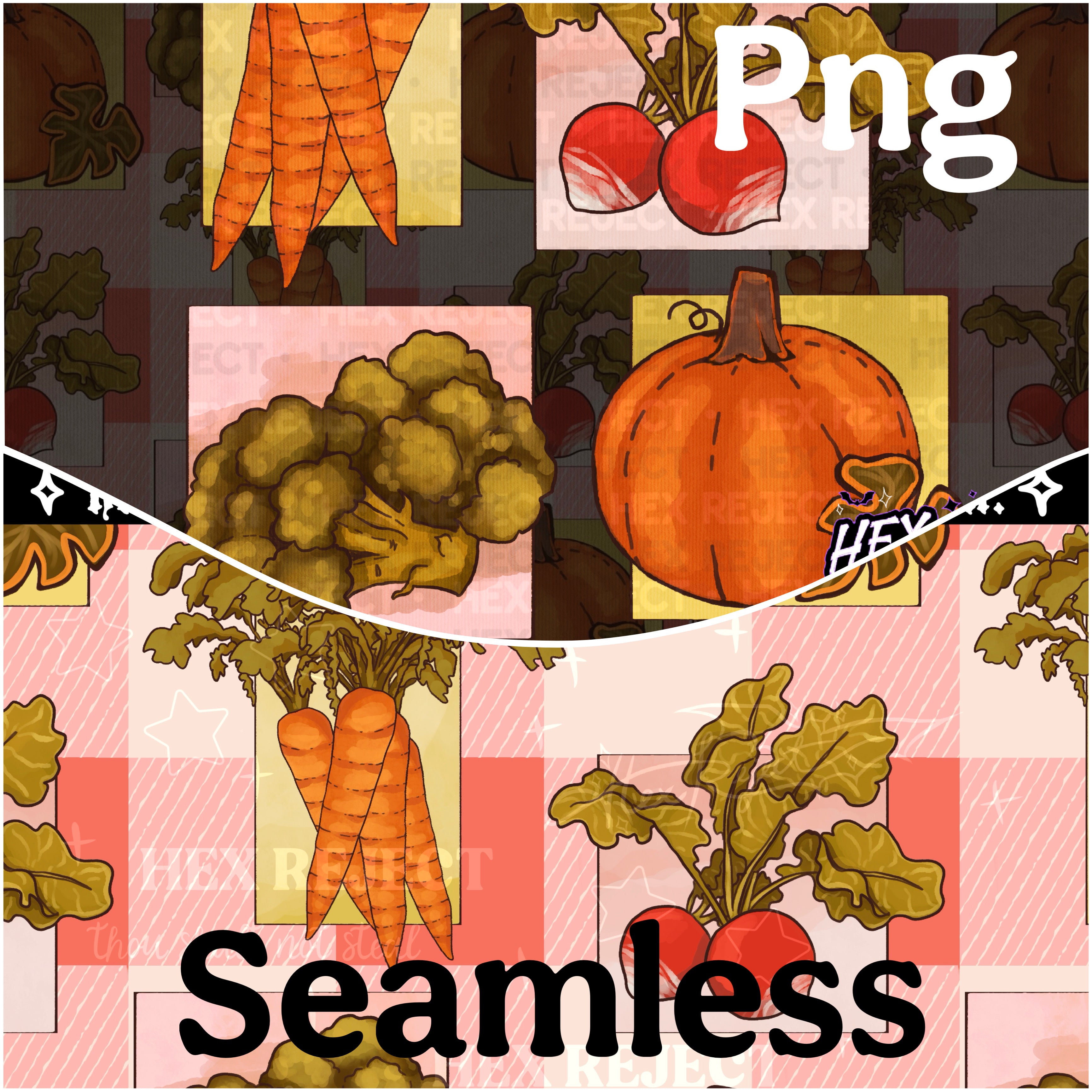 Farmhouse Veggies - vegetable harvest - Seamless & PNG files - Hextober 2025