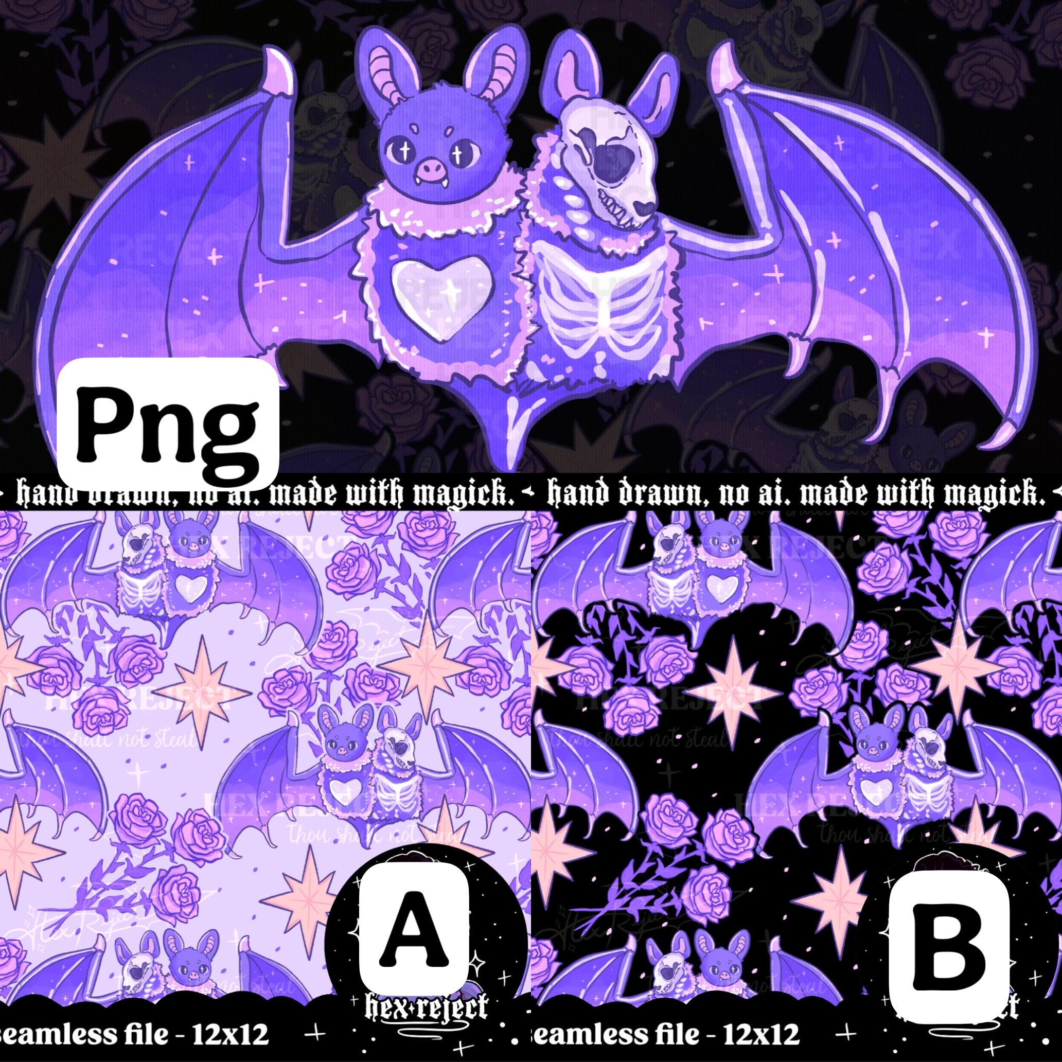 Bones - Two Headed Bat - Seamless & PNG files - Hextober 2025